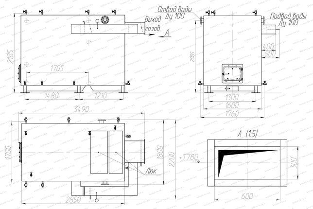 Котел 1.25 МВт без дымососа чертеж